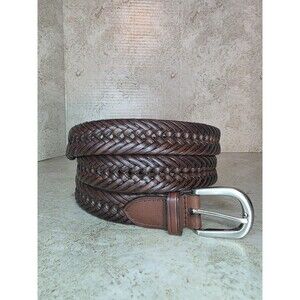 Braided Genuine Leather Brown Dress Preppy Belt Sz 44 Silver Tone Buckle